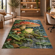 frog under a mushroom umbrella in the rain rug in a home office with wooden shelves