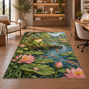 frog fishing at the pond rug in a home office with wooden shelves