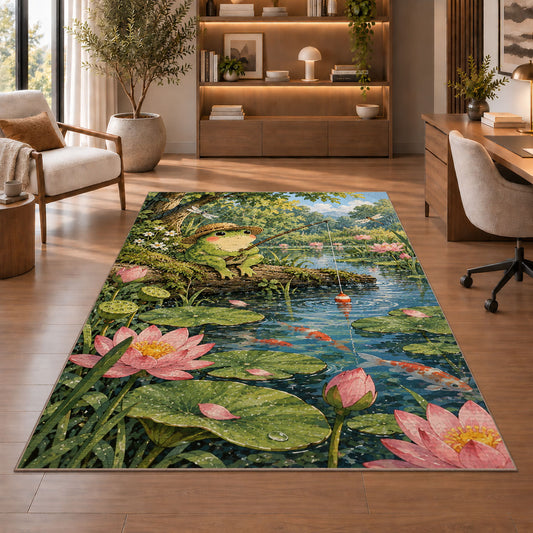 frog fishing at the pond rug in a home office with wooden shelves