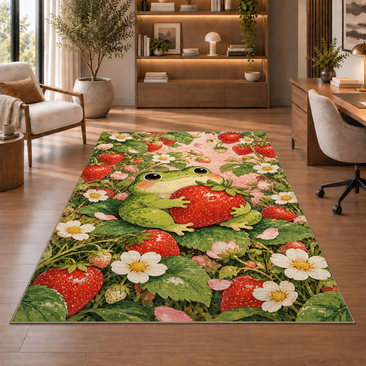 frog hugging a strawberry rug in a home office with wooden shelves