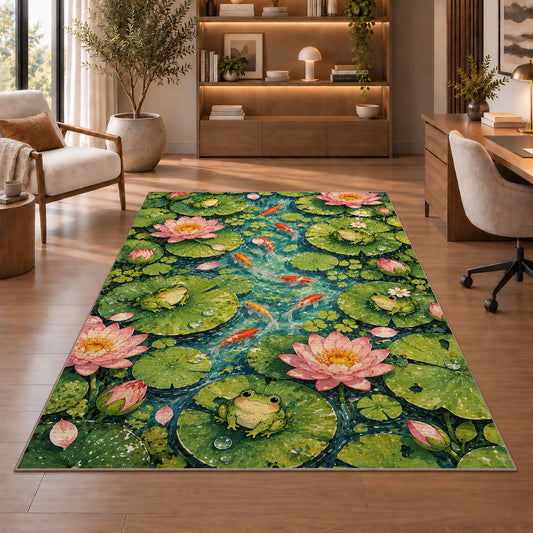 lily pond top view with frogs rug in a home office with wooden shelves