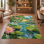 frog leaping between lily pads rug in a home office with wooden shelves