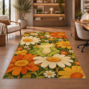 retro frog with daisies rug in a home office with wooden shelves