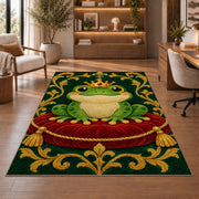 frog prince wearing a crown rug in a home office with wooden shelves