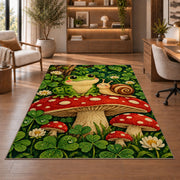frog and snail on a mushroom rug in a home office with wooden shelves