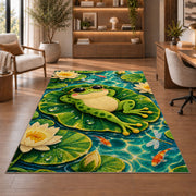 frog in sunglasses on a lily pad rug in a home office with wooden shelves
