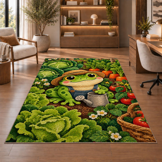 frog in a vegetable garden rug in a home office with wooden shelves