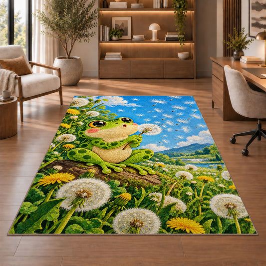frog blowing a dandelion rug in a home office with wooden shelves