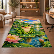 happy frog under a rainbow rug in a home office with wooden shelves
