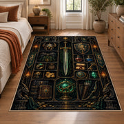 Dark fantasy sword and relics area rug in a bedroom