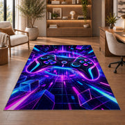 Neon Game Controller rug in a home office with wooden shelves