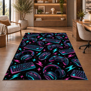 Gaming Gear Pattern rug in a home office with wooden shelves