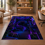 Gamer Battle Station rug in a home office with wooden shelves
