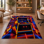 Retro Arcade Cabinet rug in a home office with wooden shelves