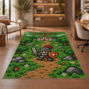 Pixel Knight Adventure rug in a home office with wooden shelves