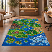 Pixel Fantasy World Map rug in a home office with wooden shelves