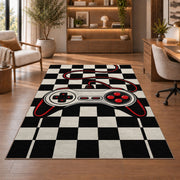 Retro Controller Checkerboard rug in a home office with wooden shelves