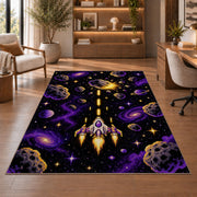 Pixel Space Shooter rug in a home office with wooden shelves