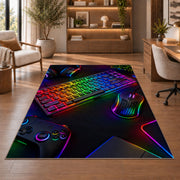 Rainbow Mechanical Keyboard rug in a home office with wooden shelves