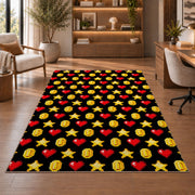 Pixel Hearts and Coins rug in a home office with wooden shelves