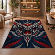 Crossed Controllers Emblem rug in a home office with wooden shelves