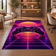 Synthwave Controller rug in a home office with wooden shelves