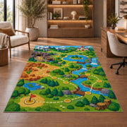 Game Level Map rug in a home office with wooden shelves
