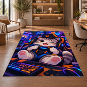 Gamer Cat rug in a home office with wooden shelves