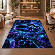 VR Headset Cyberspace rug in a home office with wooden shelves