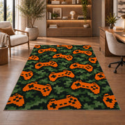 Pixel Camo Controllers rug in a home office with wooden shelves