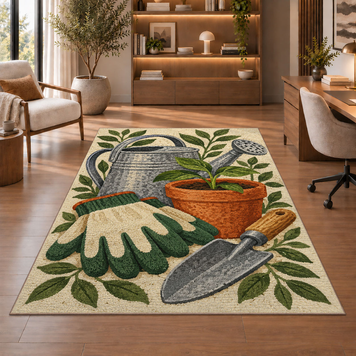 Gardening Rug in a home office with wooden shelves