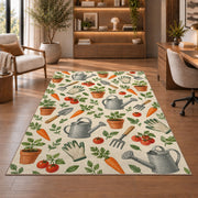 Garden Tools Pattern Rug in a home office with wooden shelves