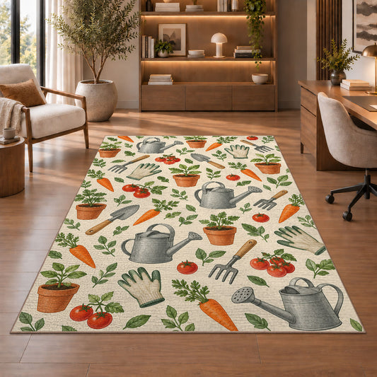 Garden Tools Pattern Rug in a home office with wooden shelves