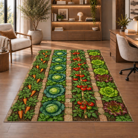 Vegetable Garden Rug in a home office with wooden shelves