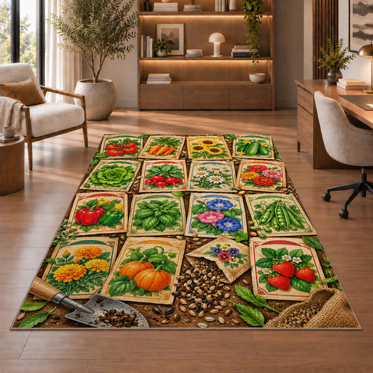Vintage Seed Packet Rug in a home office with wooden shelves