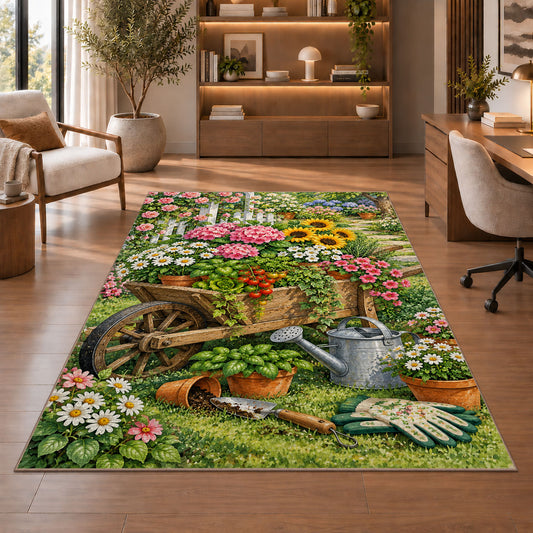 Wheelbarrow Garden Rug in a home office with wooden shelves