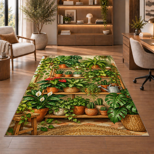 Houseplant Shelf Rug in a home office with wooden shelves