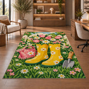 Rain Boots Flower Rug in a home office with wooden shelves