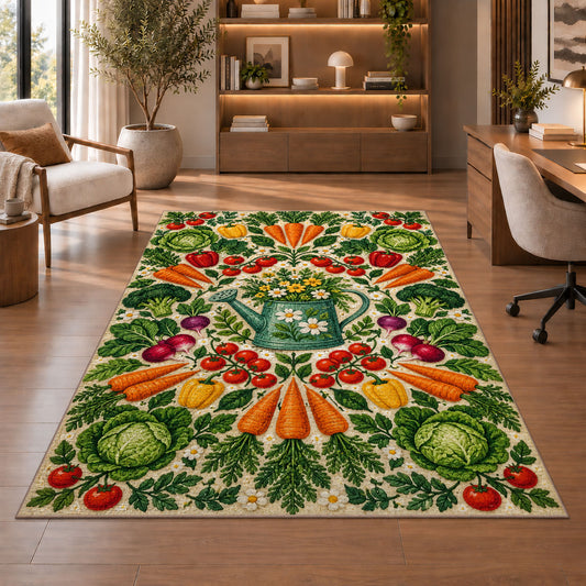 Vegetable Mandala Rug in a home office with wooden shelves