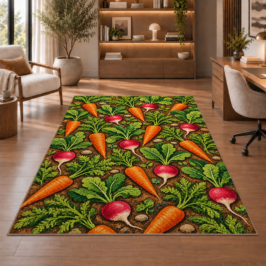 Carrot and Radish Rug in a home office with wooden shelves