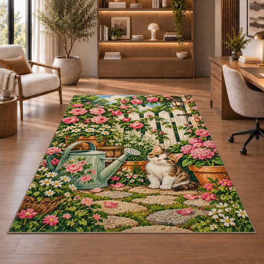 Cottagecore Garden Rug in a home office with wooden shelves