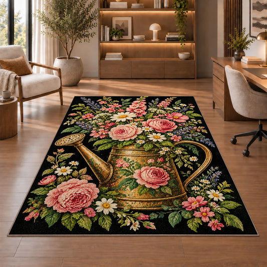 Watering Can Floral Rug in a home office with wooden shelves