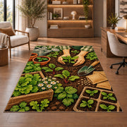 Planting Seedlings Rug in a home office with wooden shelves