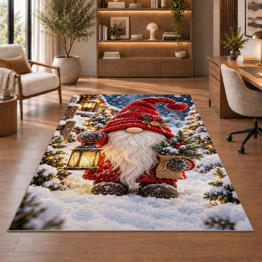 winter gnome with lantern rug in a home office with wooden shelves