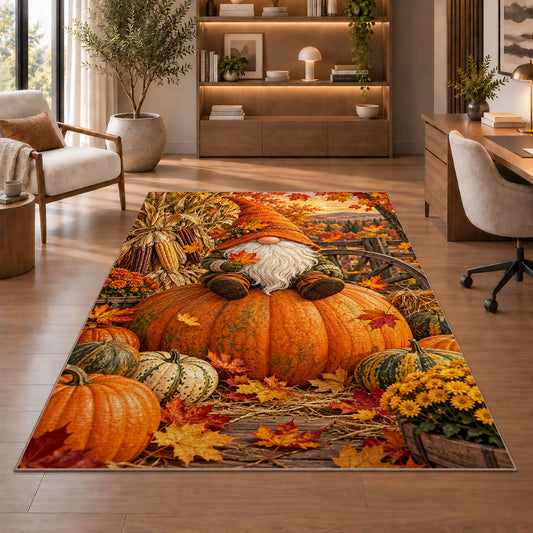 autumn gnome with pumpkins rug in a home office with wooden shelves