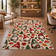 gnome pattern with hearts and mushrooms rug in a home office with wooden shelves