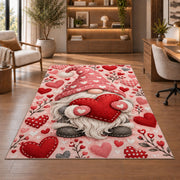 pink gnome hugging a heart rug in a home office with wooden shelves
