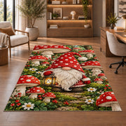 gnome in a mushroom garden rug in a home office with wooden shelves