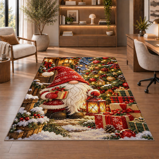 gnome by a decorated Christmas tree rug in a home office with wooden shelves