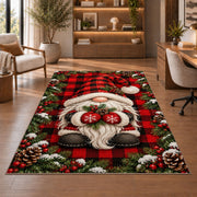 gnome on buffalo plaid rug in a home office with wooden shelves